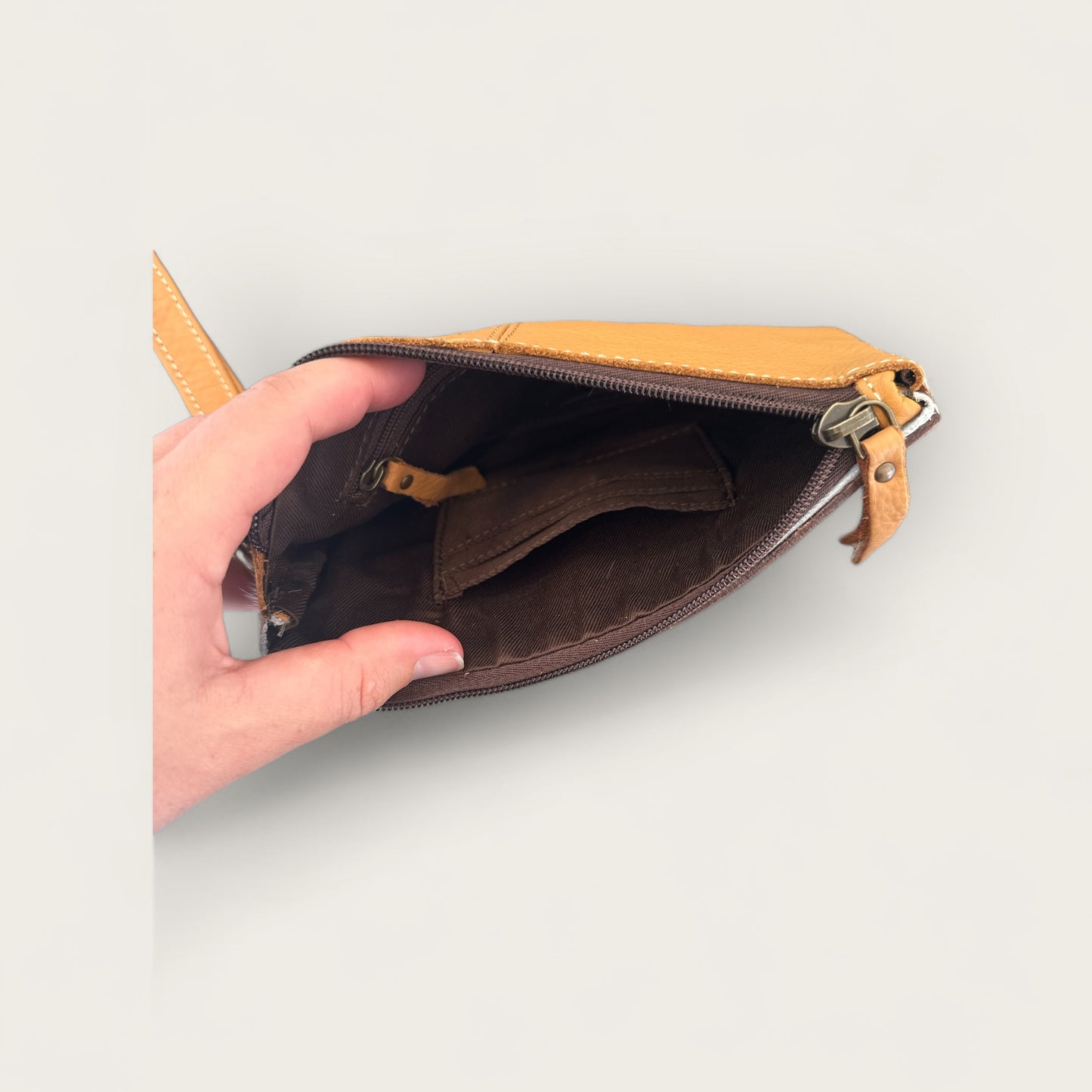 Cowhide Clutch with Tooling Details in Tan and White