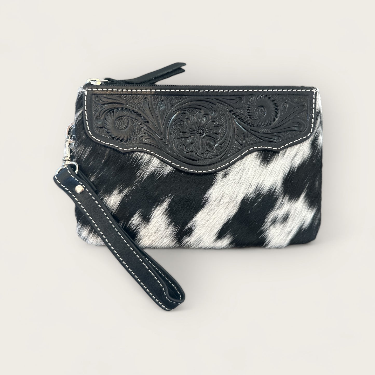 Cowhide Clutch with Tooling Details in Black and White