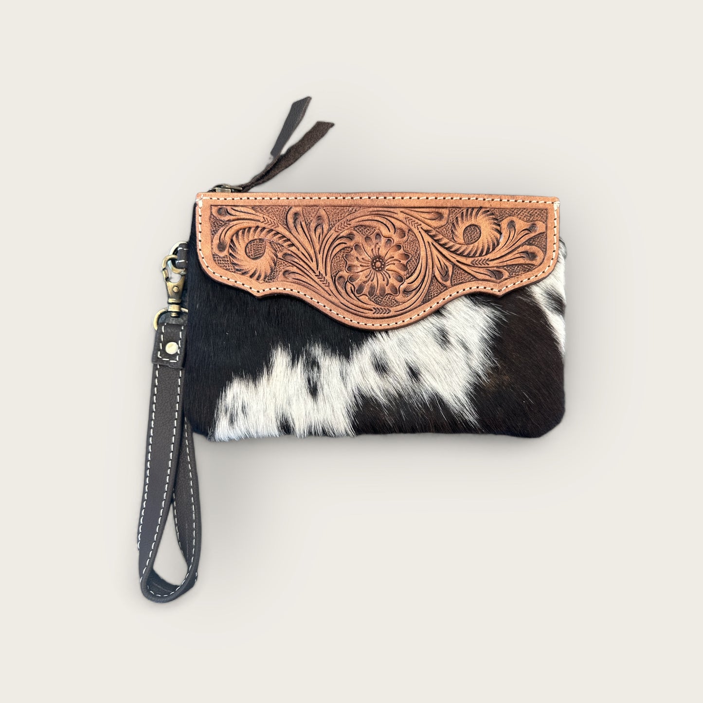 Cowhide Clutch with Tooling Details in Brown and White