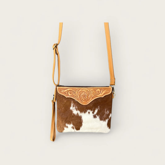 Cowhide and Leather Handbag with crafted tooling details in Tan and White