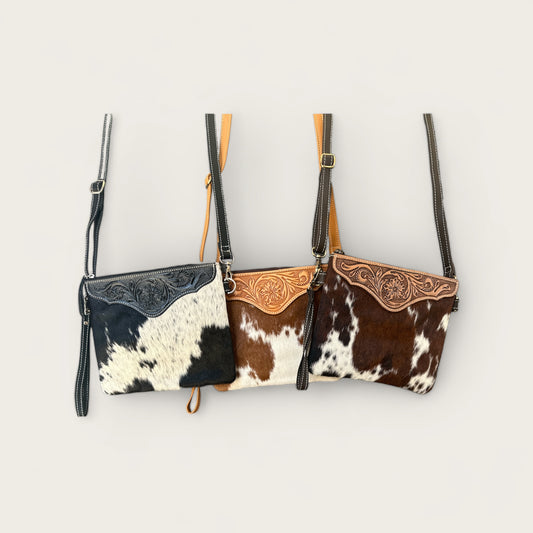 Cowhide and Leather Handbag with crafted tooling details