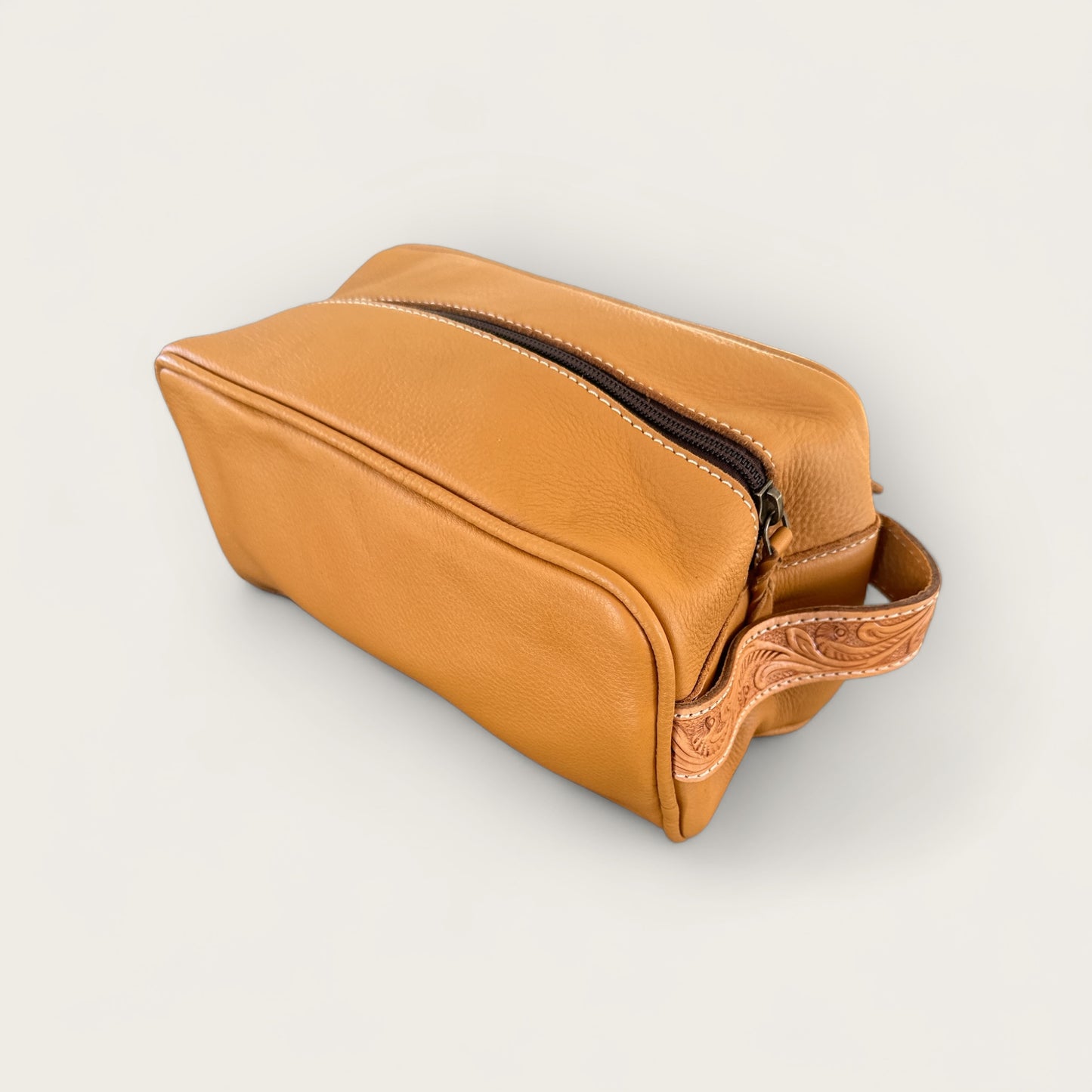 Cowhide and Leather Toiletry Bag with Tooling Details in Tan and White