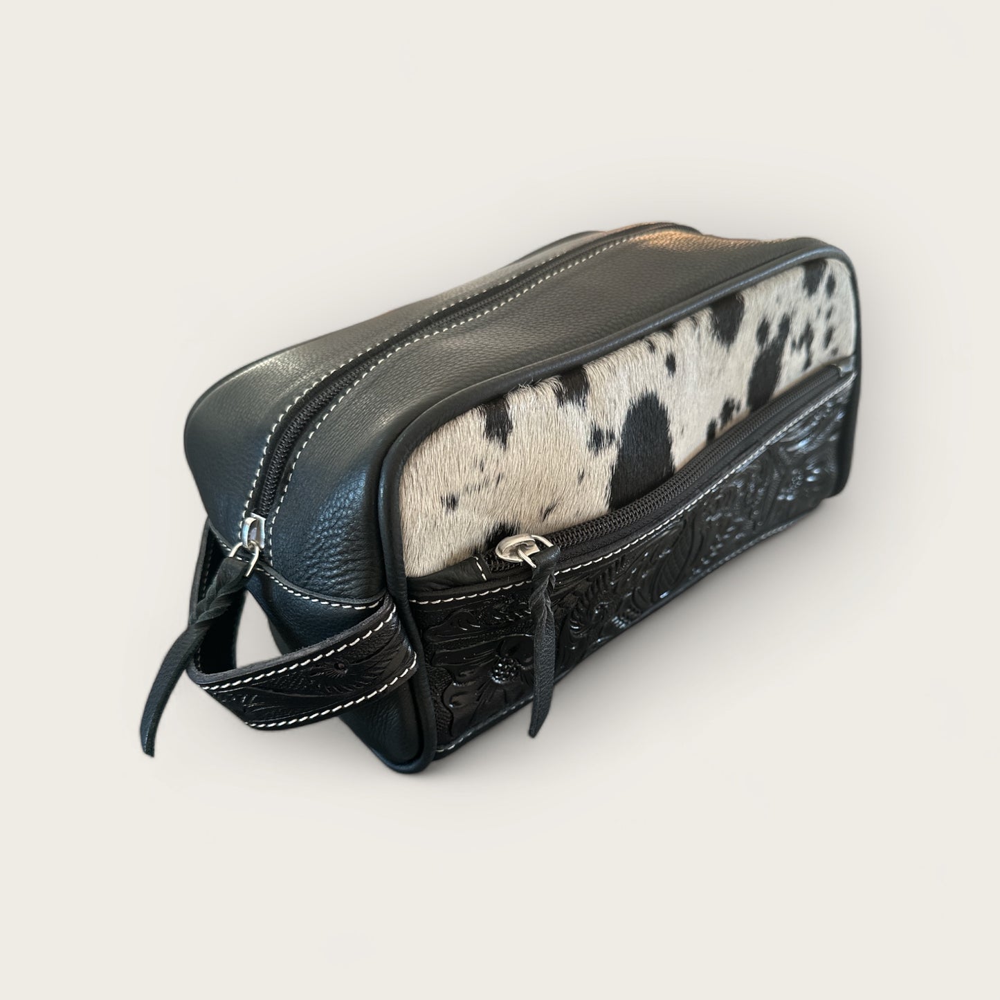 Cowhide and Leather Toiletry Bag with Tooling Details in Black and White