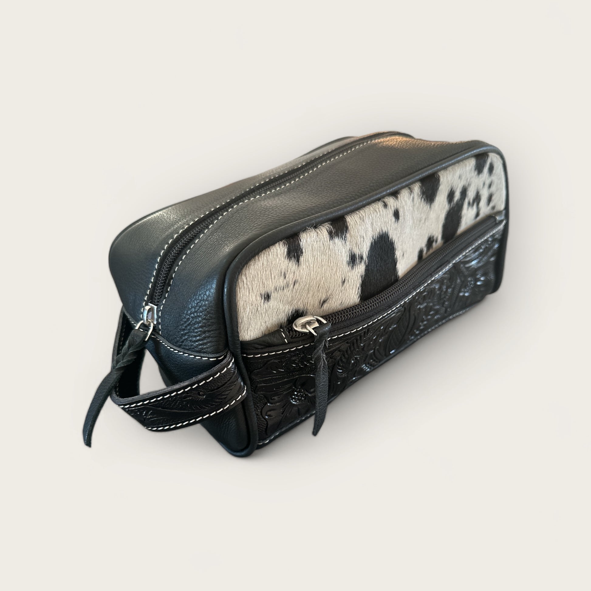 Cowhide and Leather Toiletry Bag with Tooling Details in Black and White