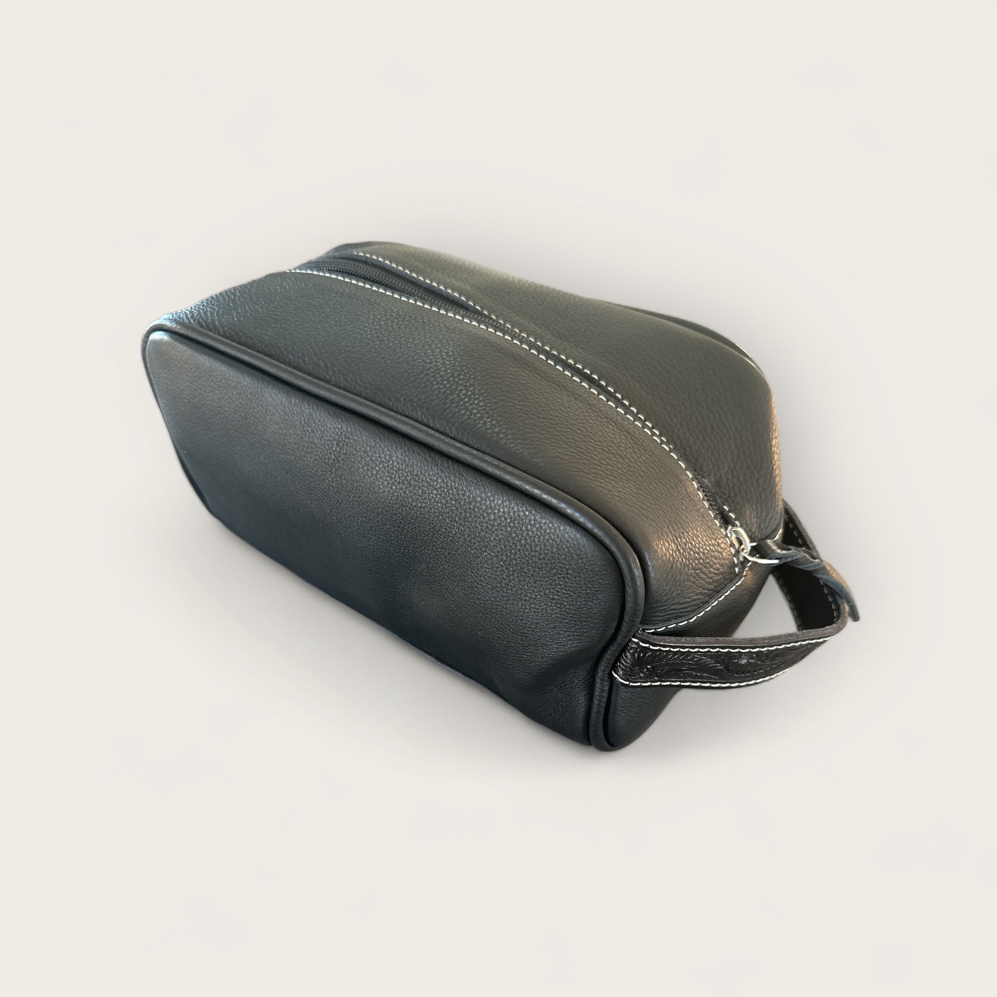 Cowhide and Leather Toiletry Bag with Tooling Details in Black and White