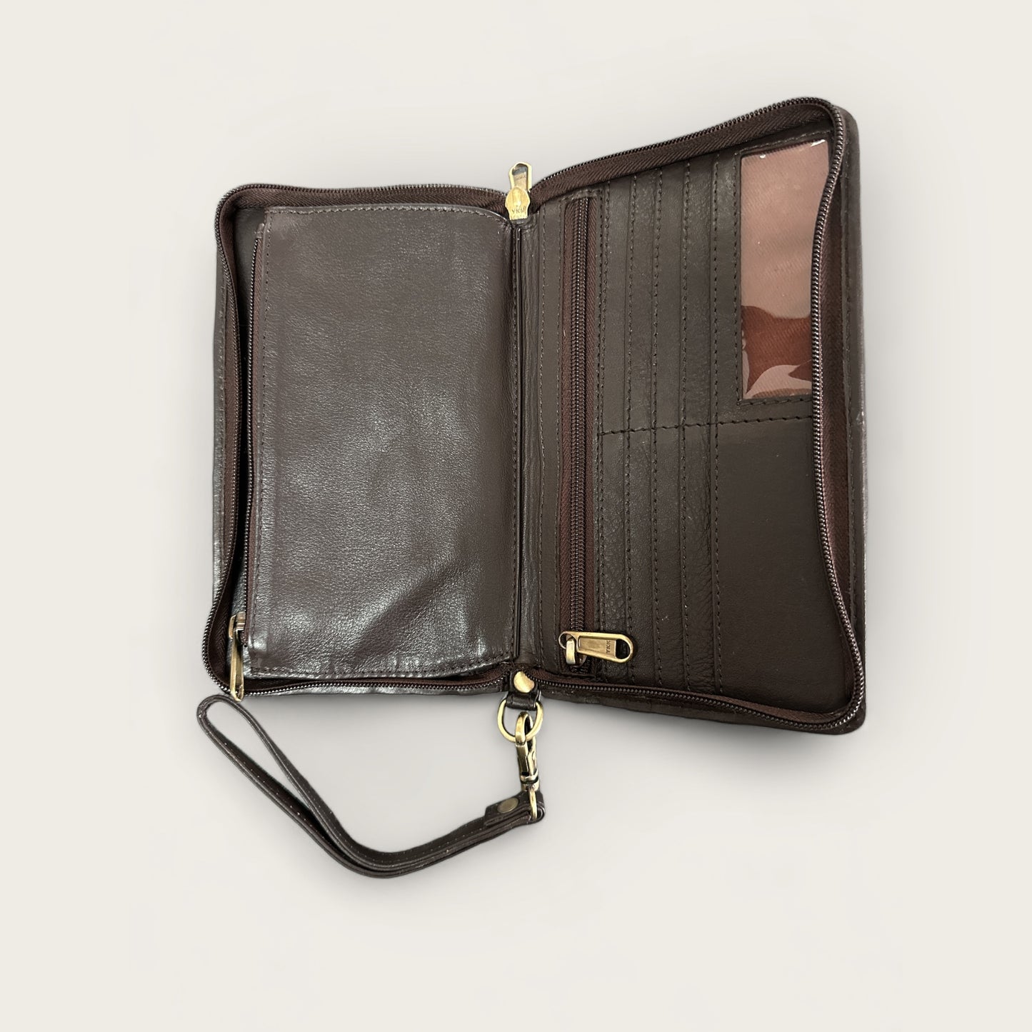 Large Cowhide and Leather Wallet with detachable hand strap in Brown and White