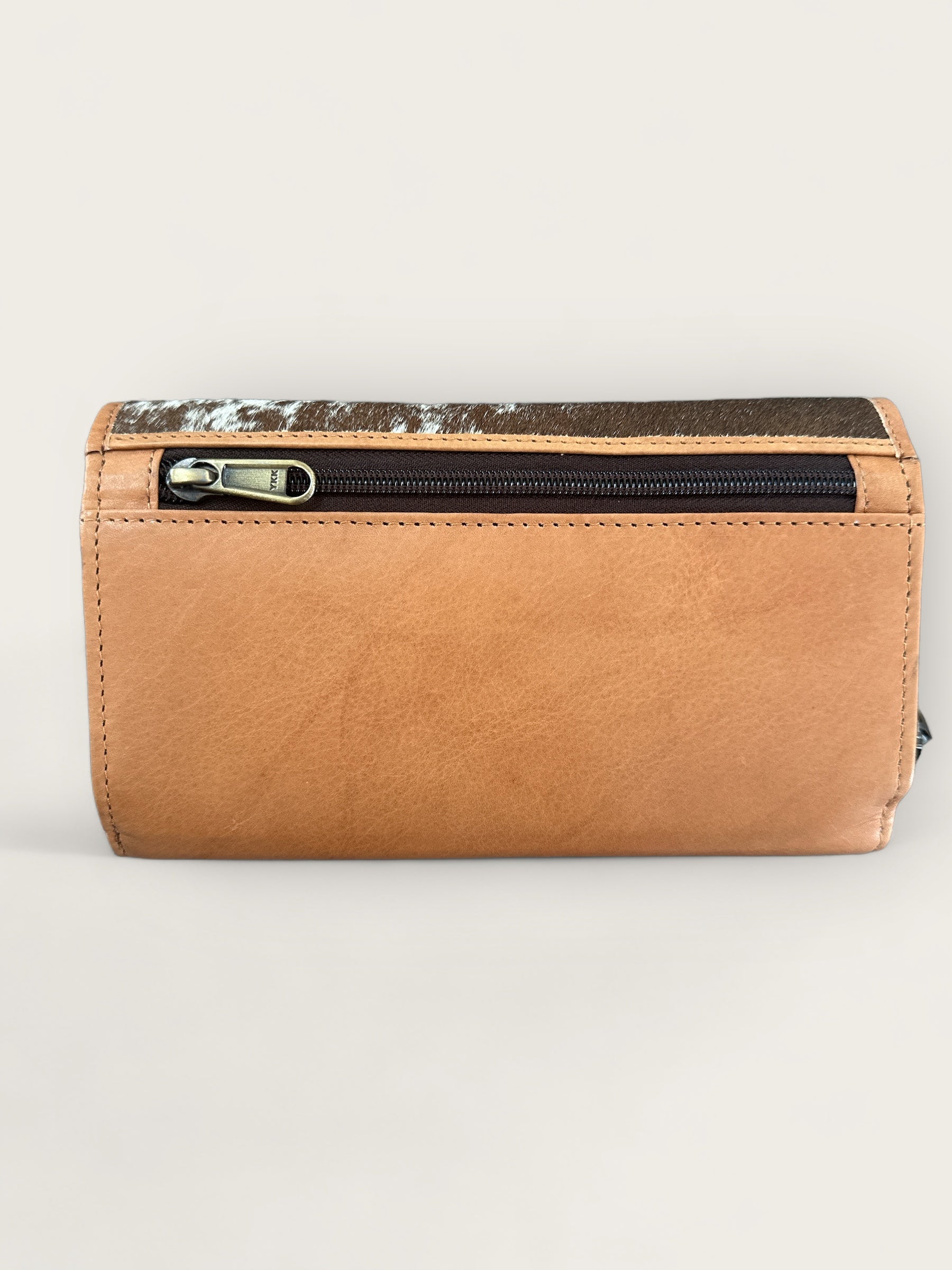 Large Cowhide and Leather Fold Wallet with lots of space in Tan and White