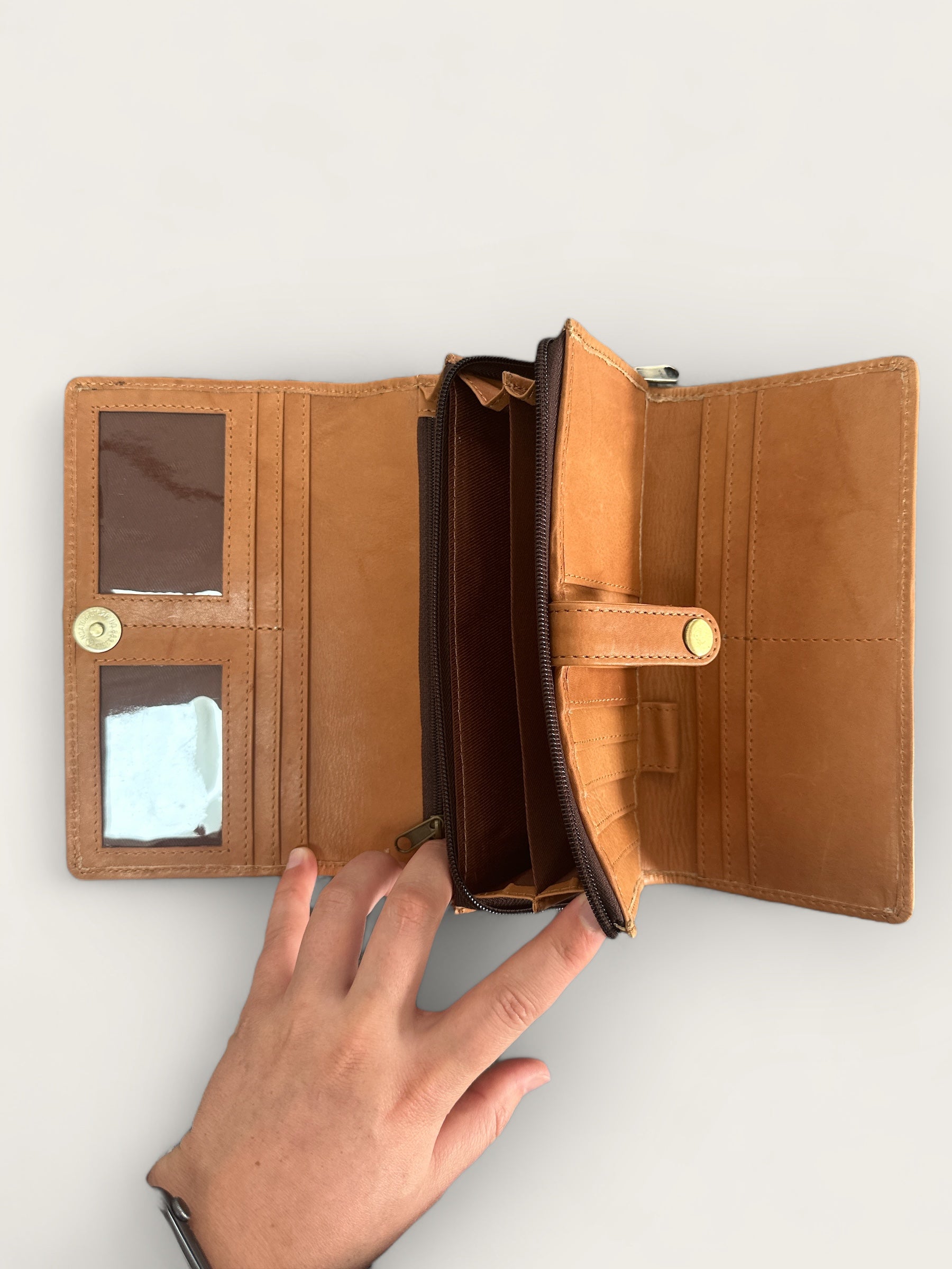 Large Cowhide and Leather Fold Wallet with lots of space in Tan and White