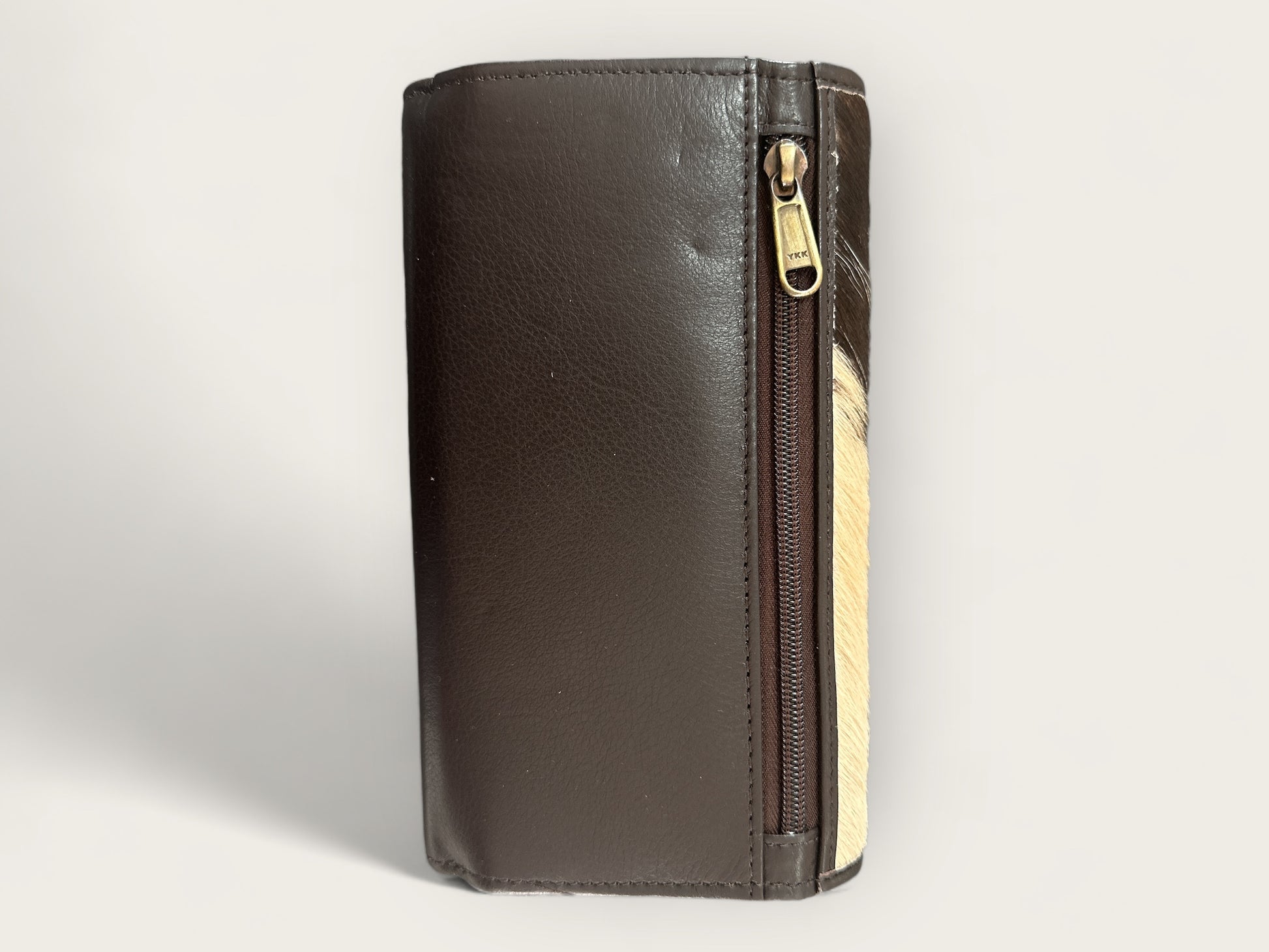 Large Cowhide and Leather Fold Wallet with lots of space in Brown and White