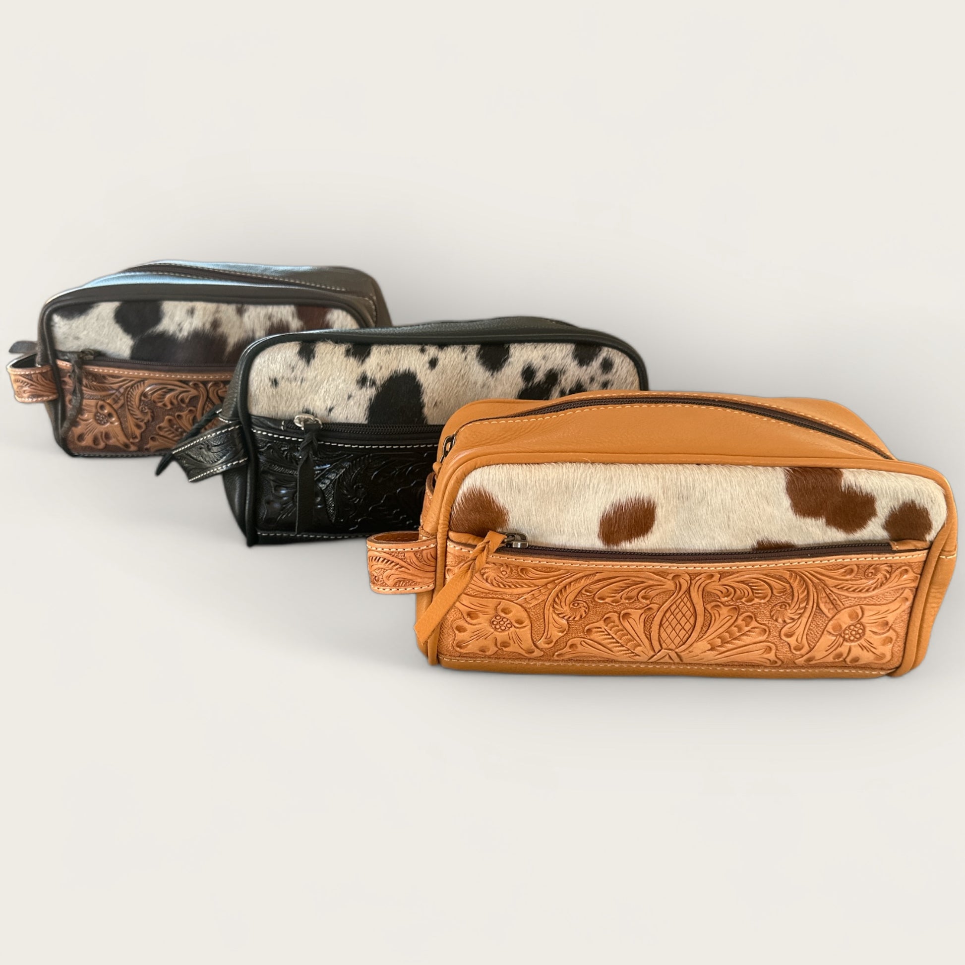 Cowhide and Leather Toiletry Bag with Tooling Details