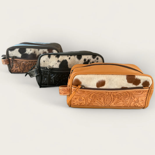 Cowhide and Leather Toiletry Bag with Tooling Details