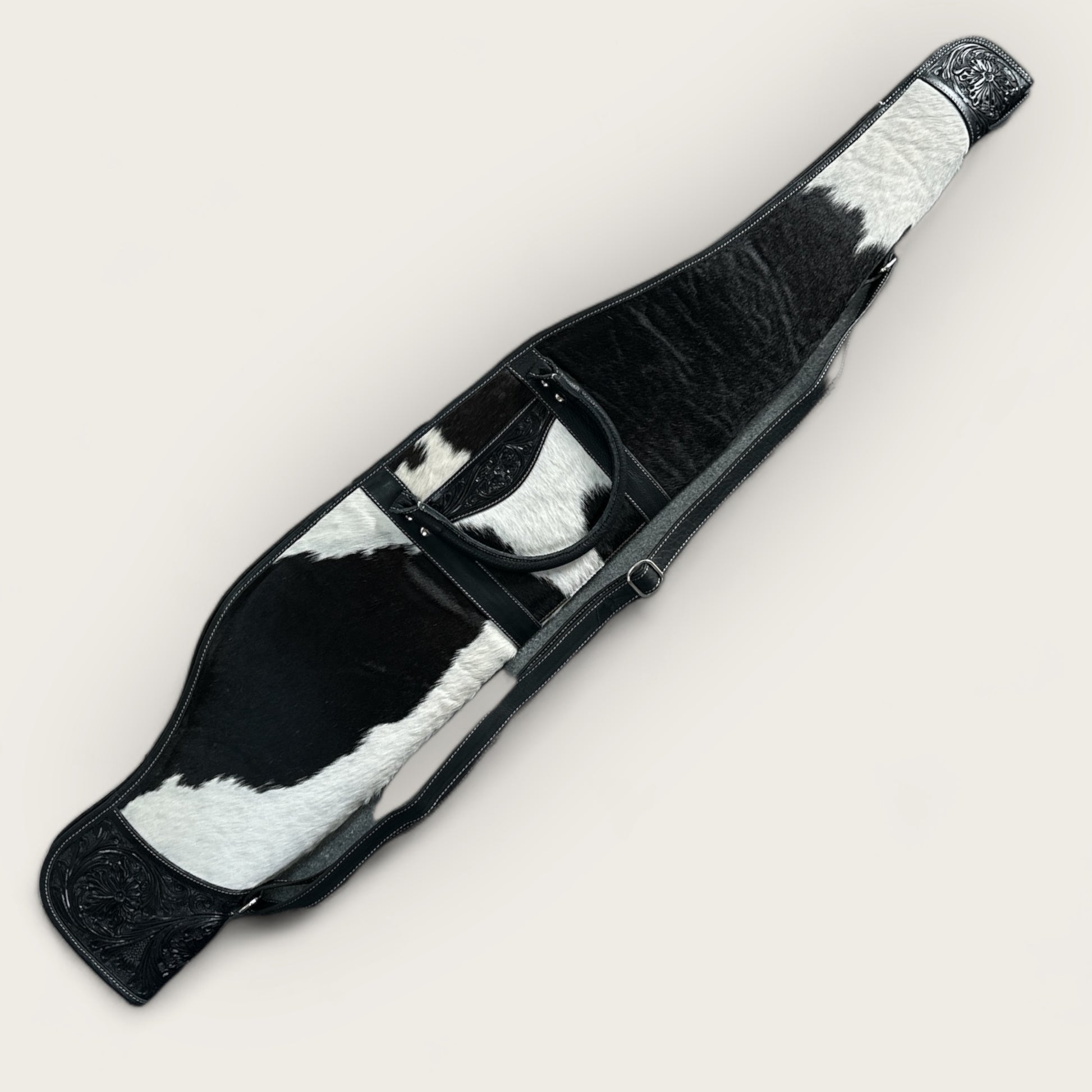 Cowhide and Leather Rifle Gun Bag with Tooling Details in Black and White