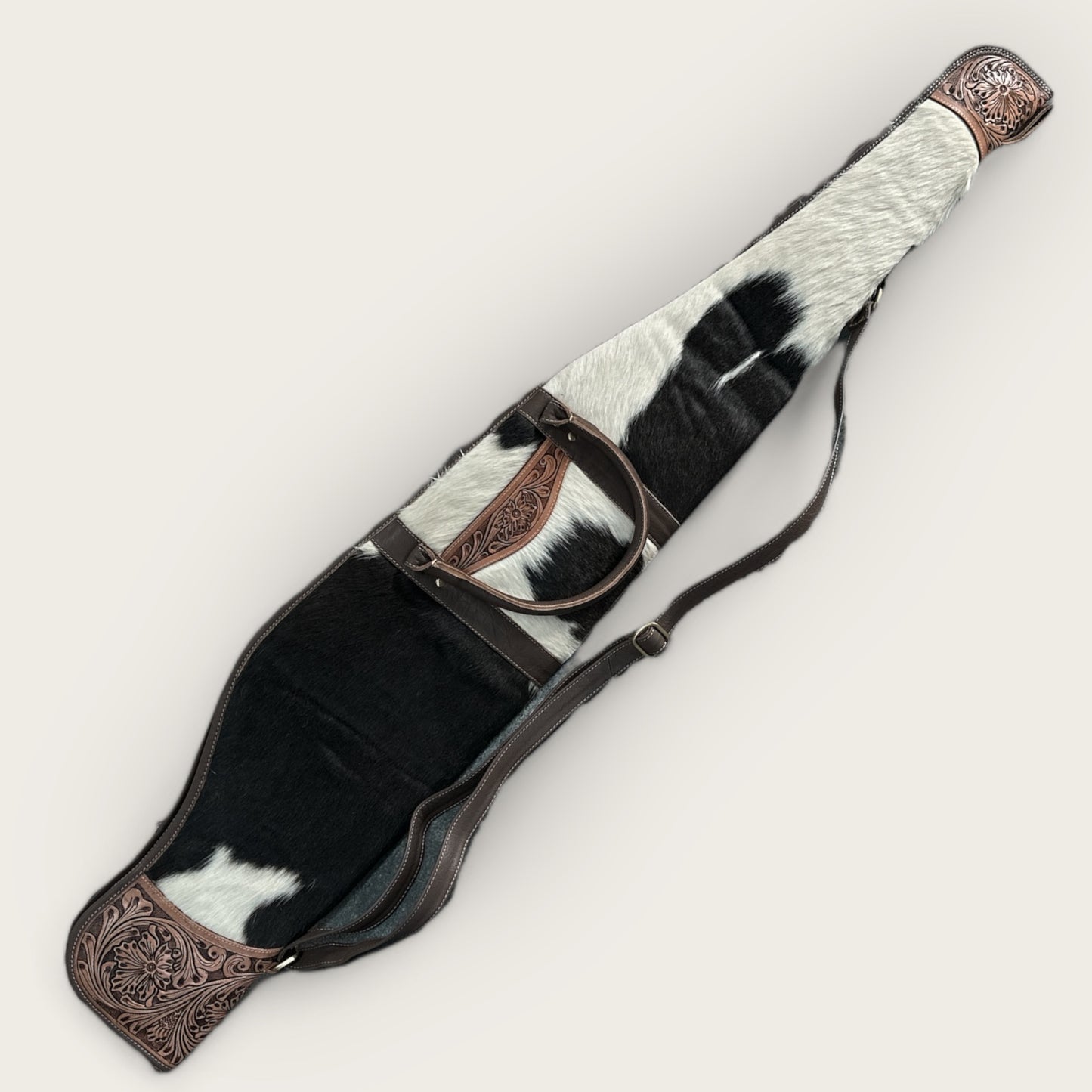 Cowhide and Leather Rifle Gun Bag with Tooling Details in Brown and White
