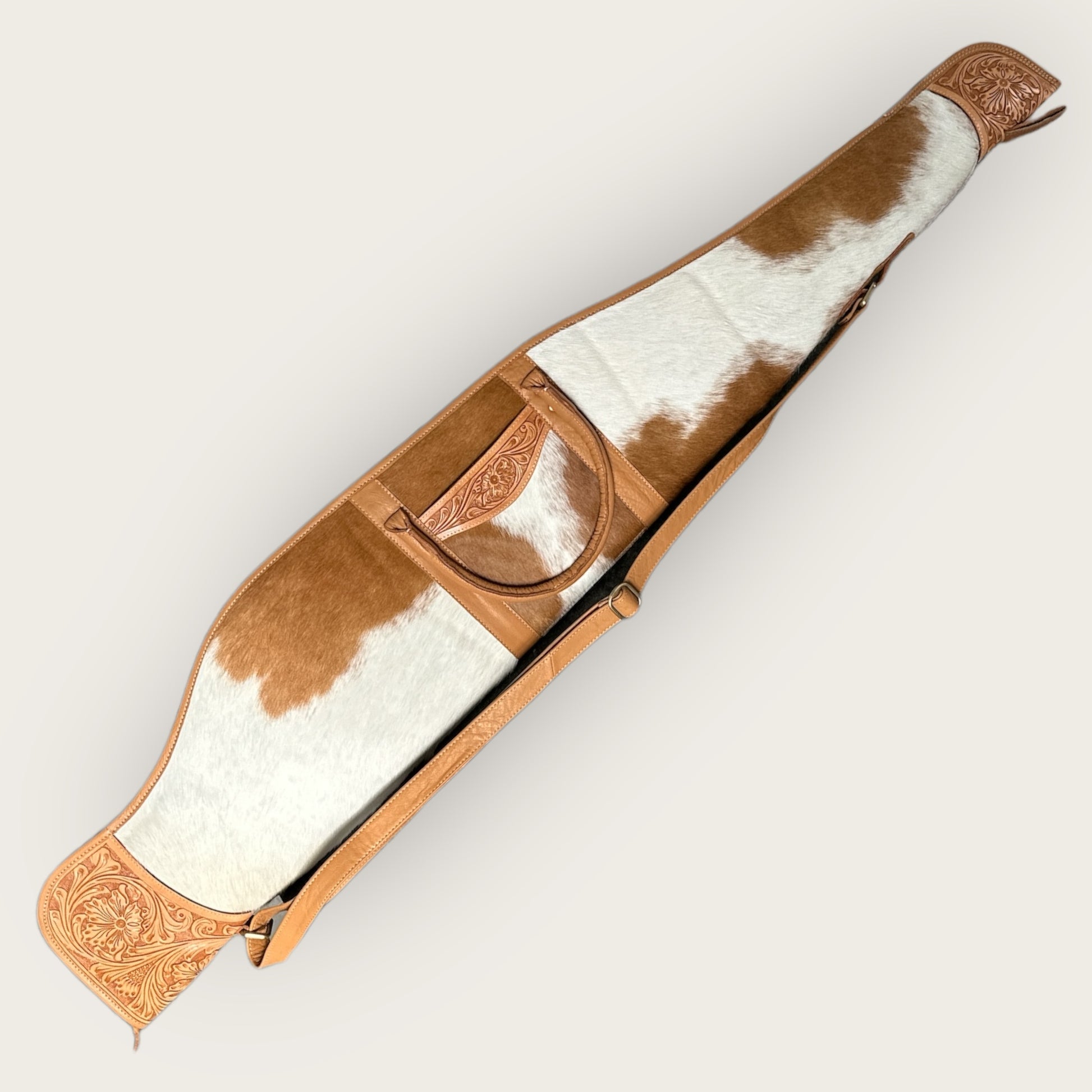Cowhide and Leather Rifle Gun Bag with Tooling Details in Tan and White