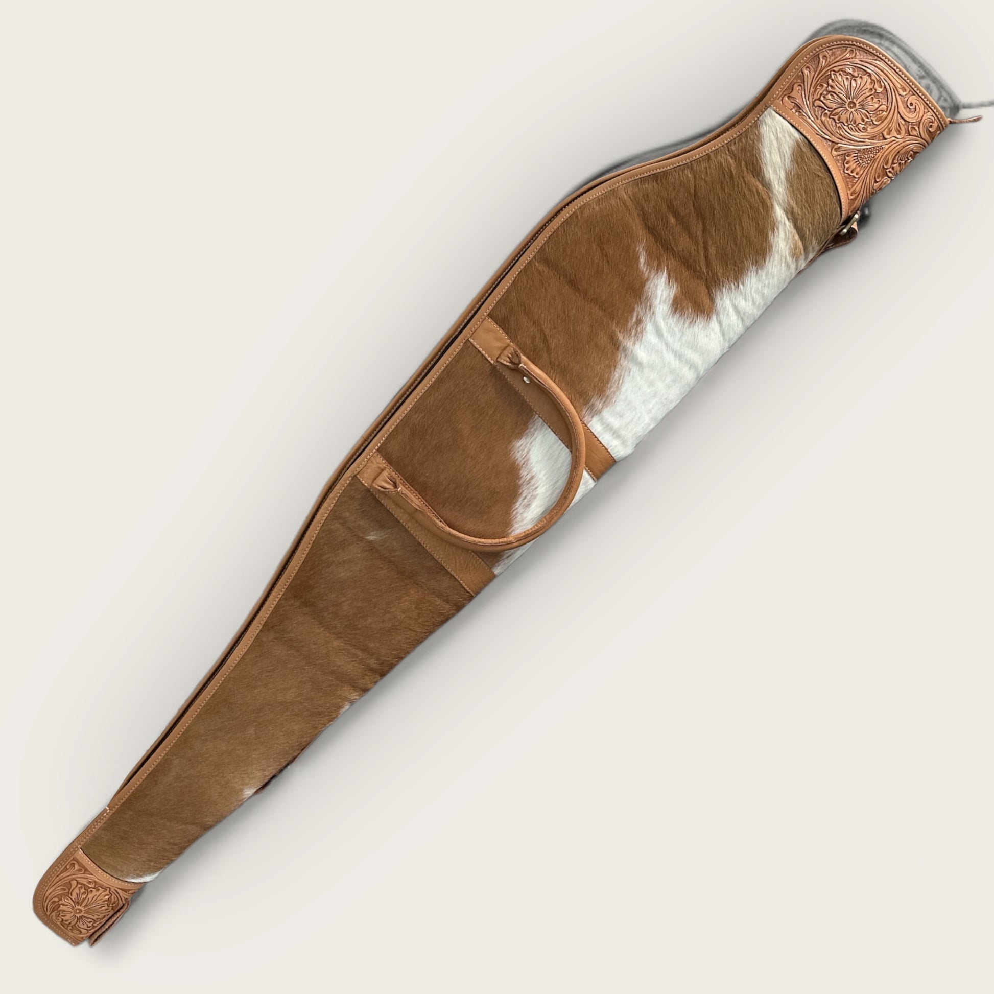 Cowhide and Leather Rifle Gun Bag with Tooling Details in Tan and White