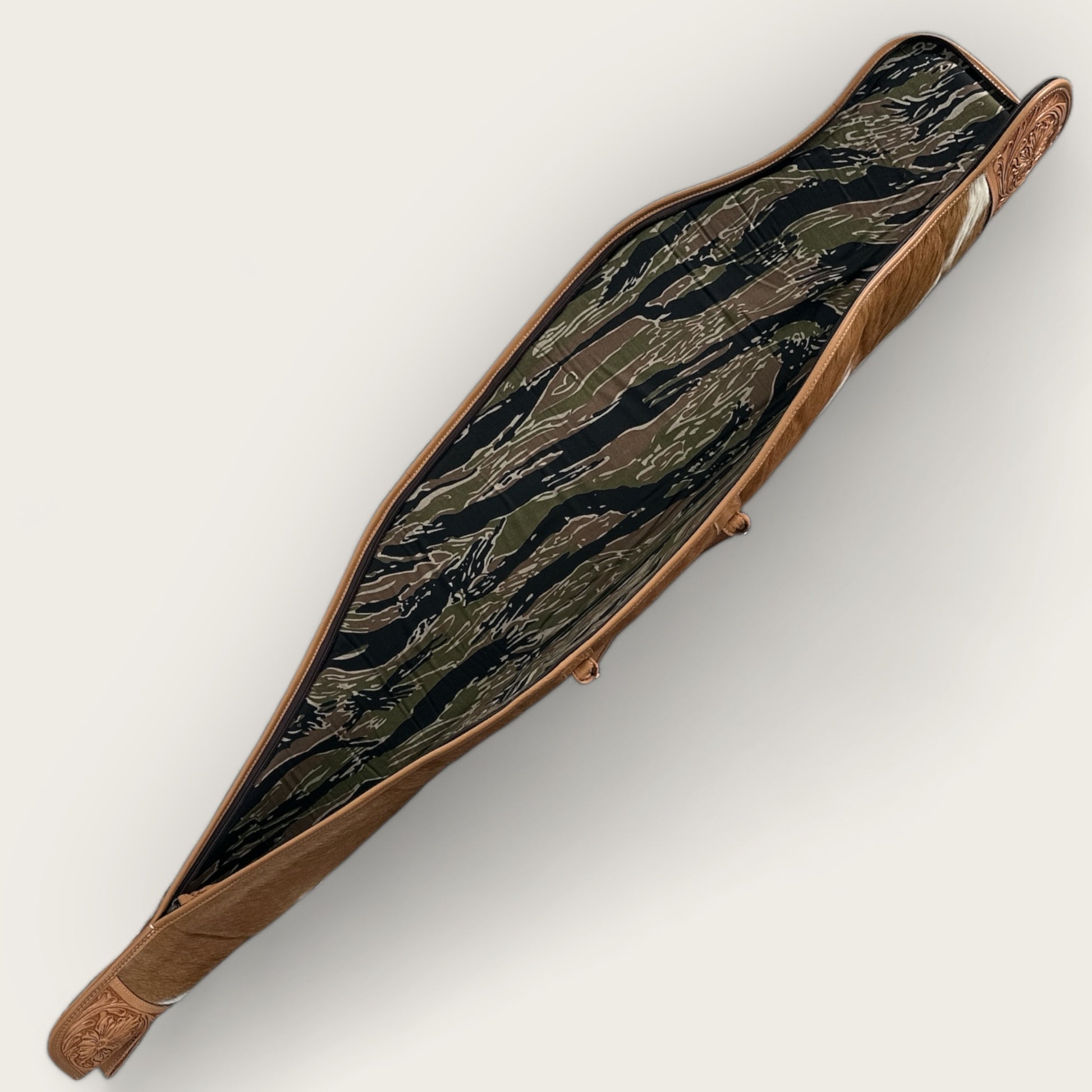 Cowhide and Leather Rifle Gun Bag with Tooling Details in Tan and White