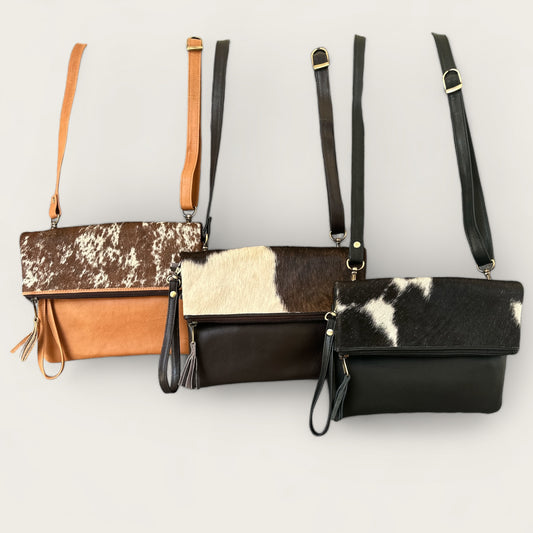 Cowhide & Leather Handbag with detachable hand strap