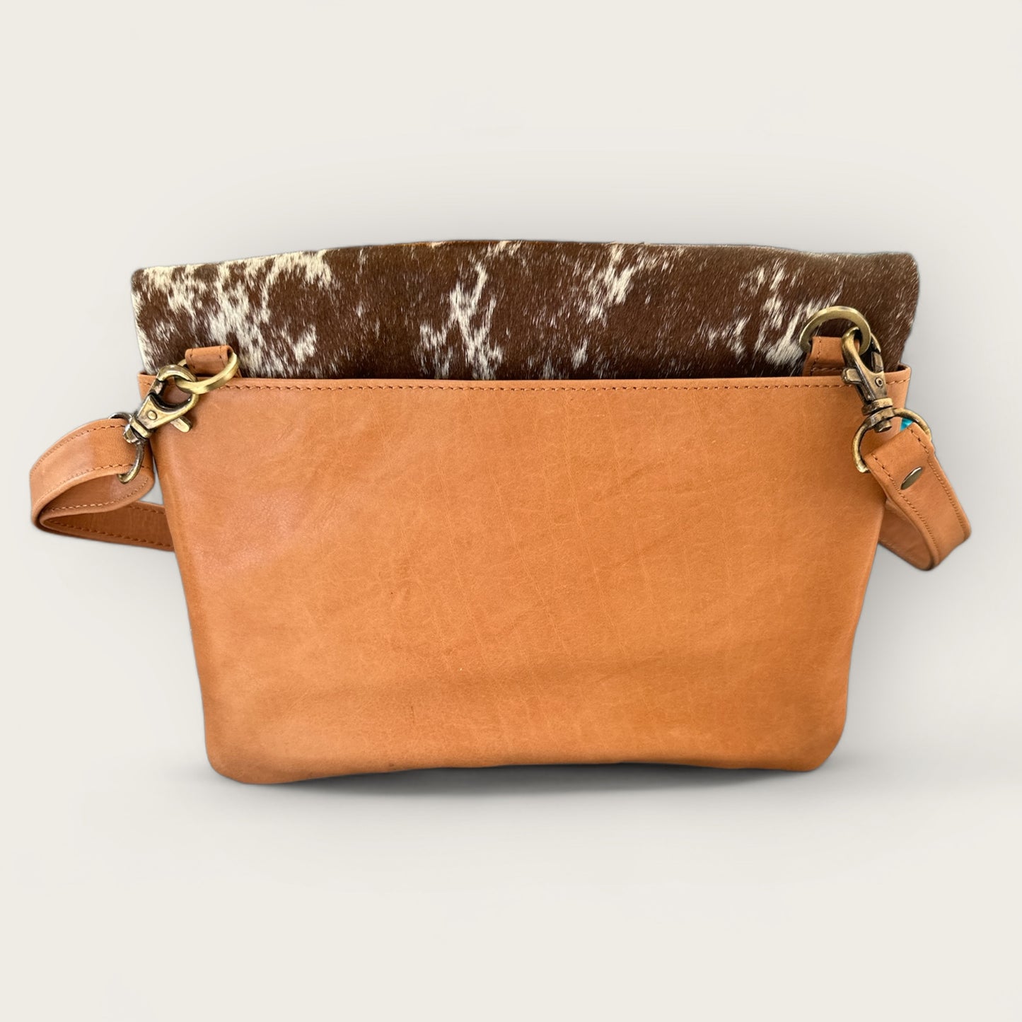 Cowhide & Leather Handbag with detachable hand strap in tan