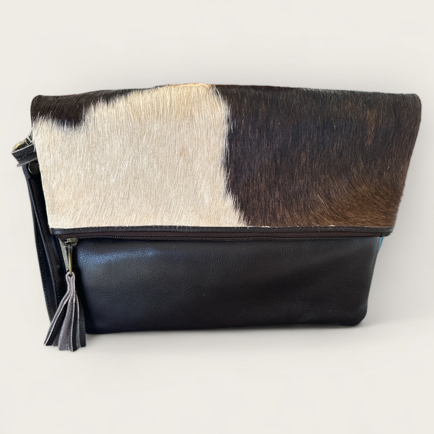 Cowhide & Leather Handbag with detachable hand strap in brown