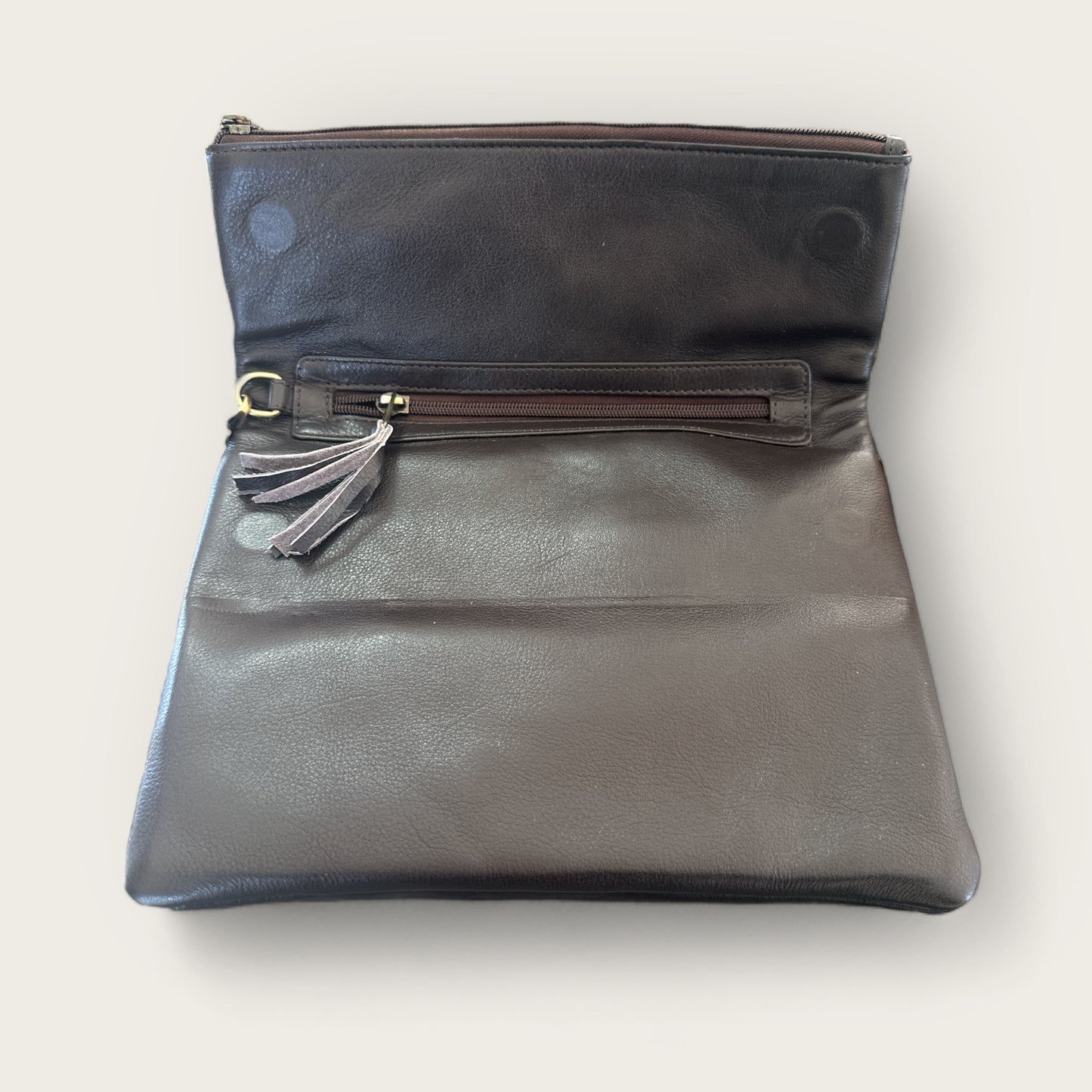 Cowhide & Leather Handbag with detachable hand strap in brown