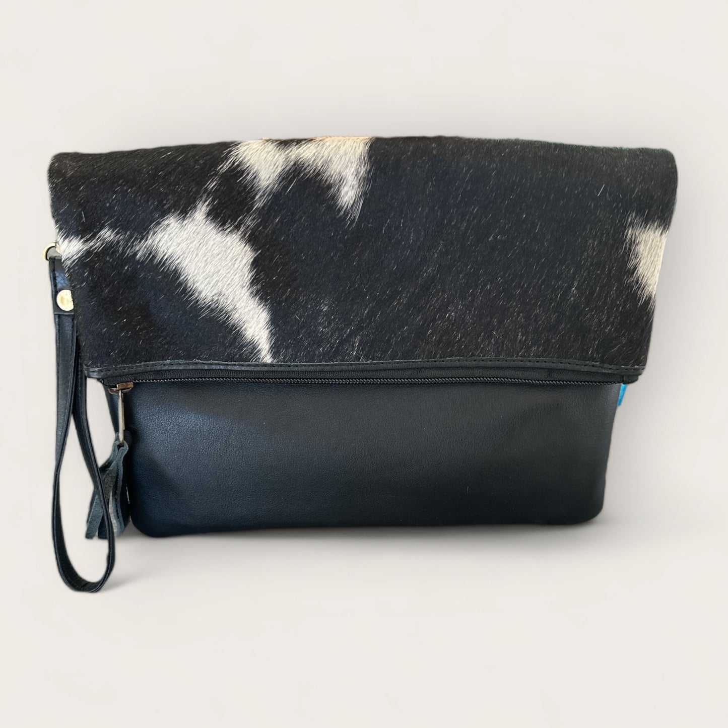 Cowhide & Leather Handbag with detachable hand strap in black
