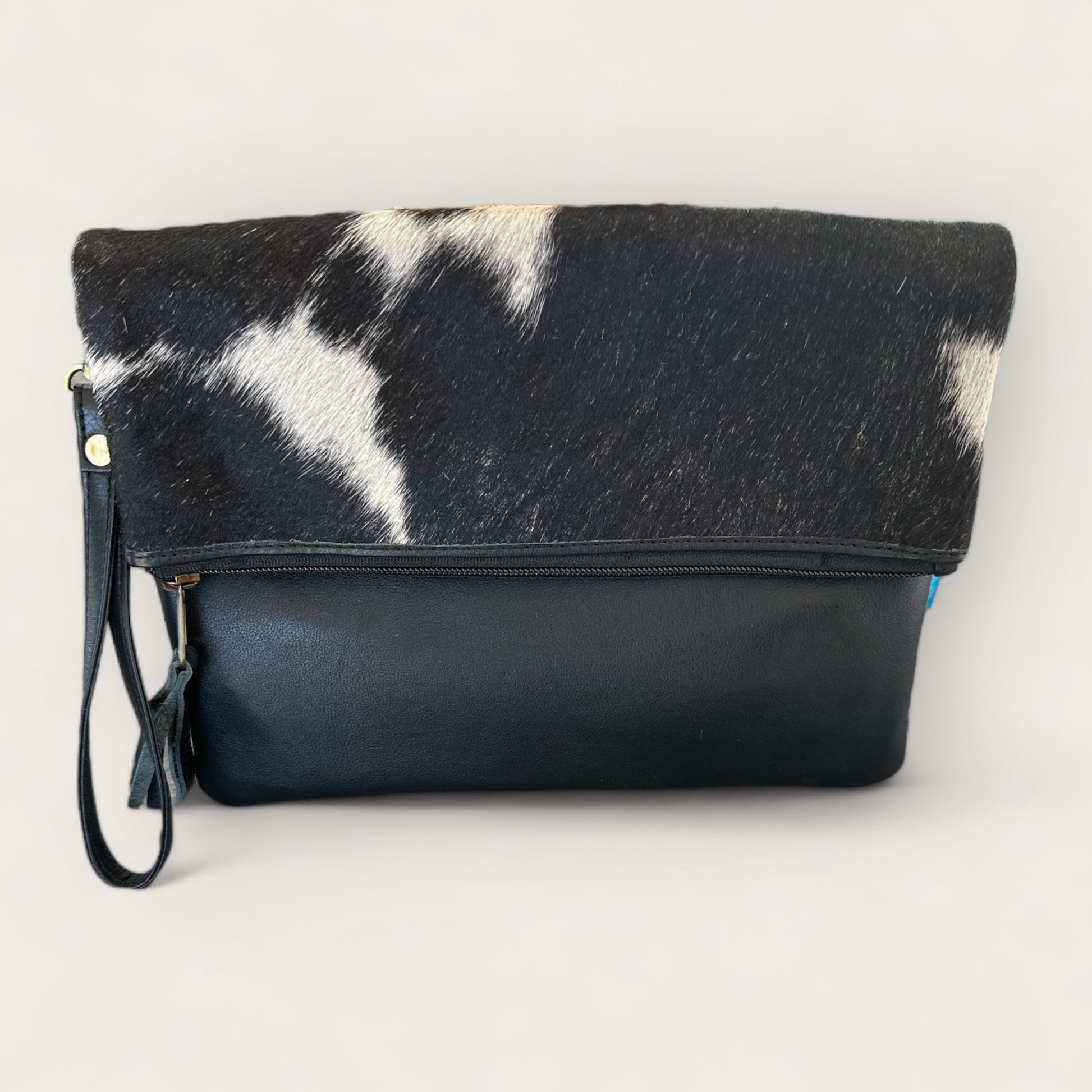 Cowhide & Leather Handbag with detachable hand strap in black