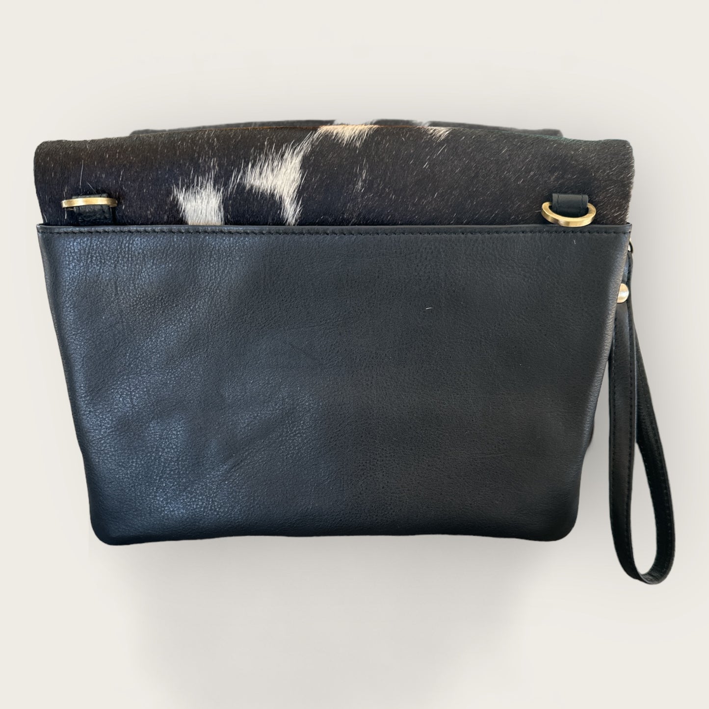 Cowhide & Leather Handbag with detachable hand strap in black