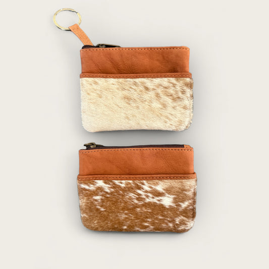 Small Cowhide and Leather Coin Purse in Tan