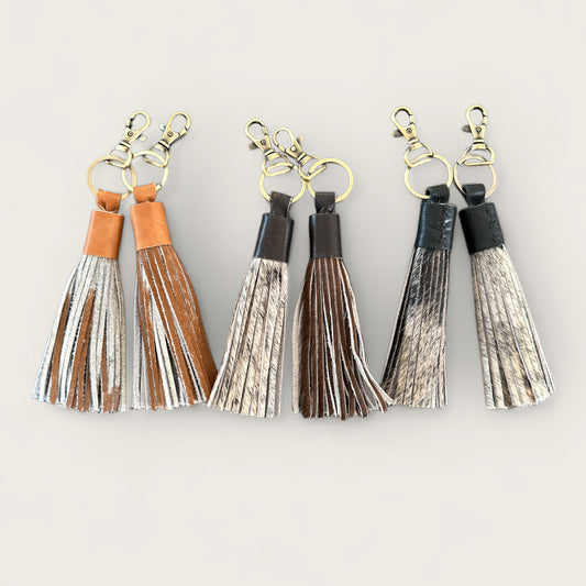 Cowhide and Leather Tassel Keyring in Black, Brown and Tan