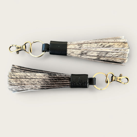 Cowhide and Leather Tassel Keyring in Black and White
