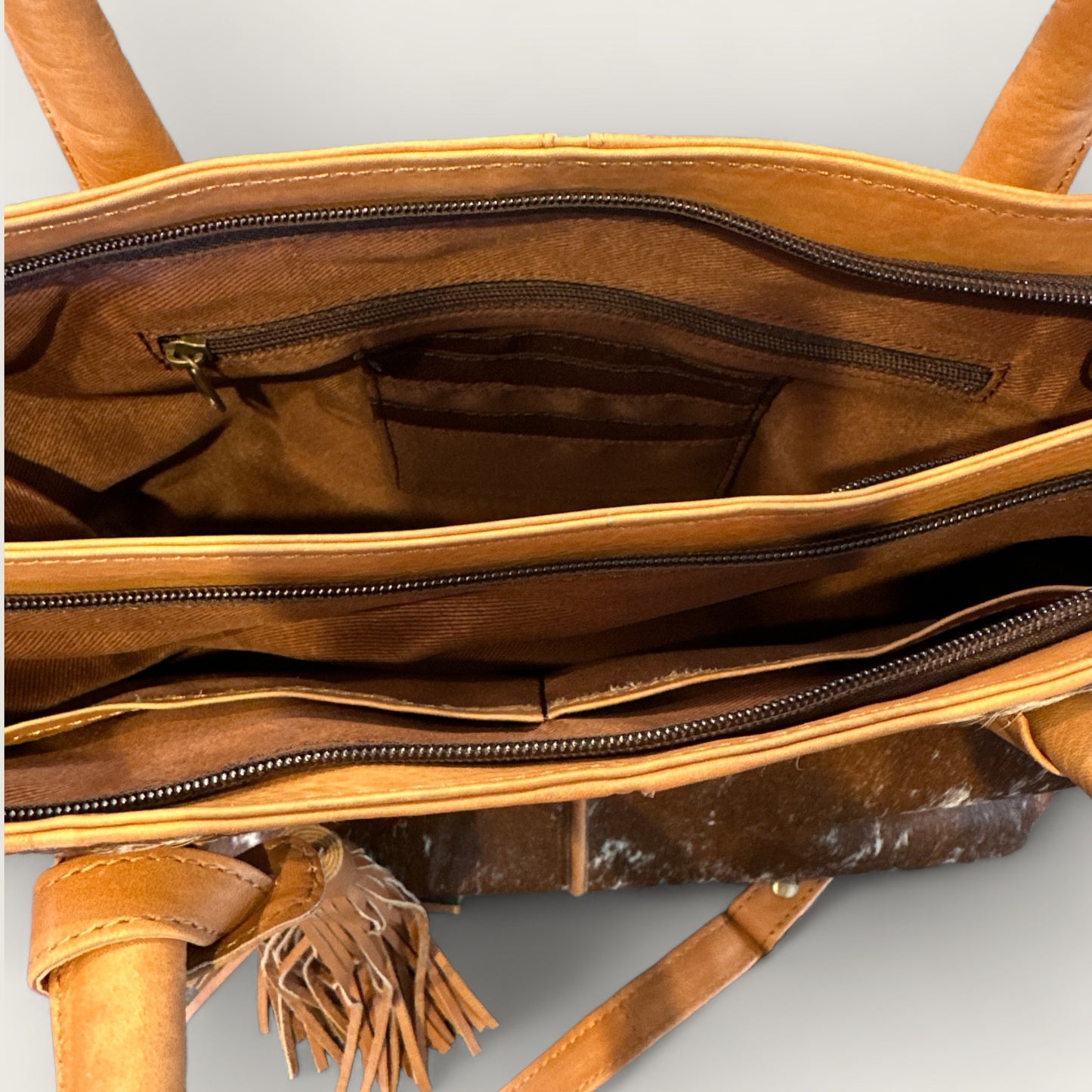Large Cowhide Handbag with Leather - Tan