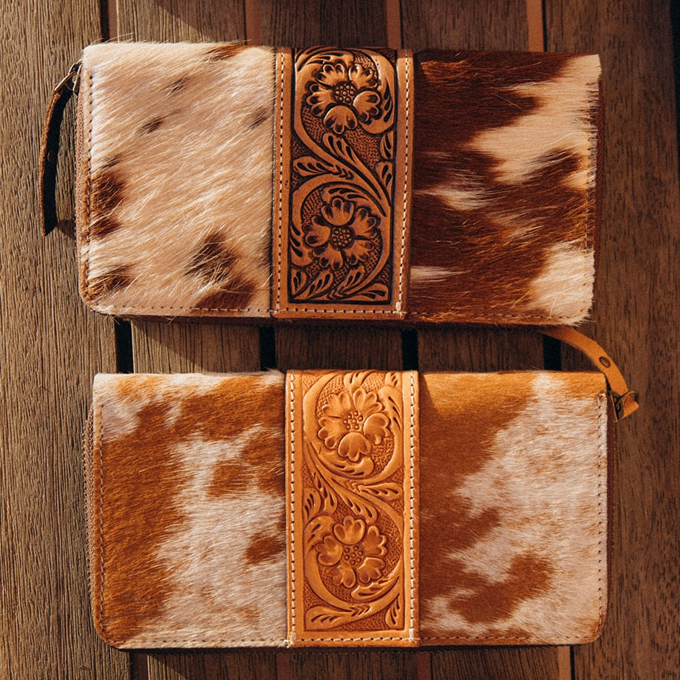 Large Cowhide and Leather Wallet with Tooling Details in Black, Brown and Tan