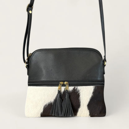 Large cowhide and leather crossbody bag in black & white 