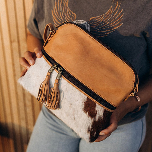 Large cowhide and leather crossbody bag in tan & white 