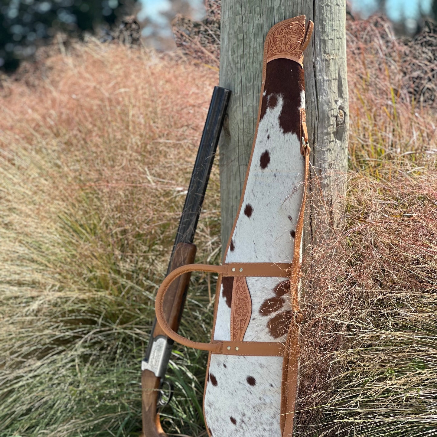 Cowhide and Leather Rifle Gun Bag with Tooling Details in Tan and White