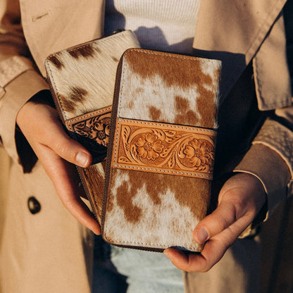 Large Cowhide and Leather Wallet with Tooling Details in Black, Brown and Tan