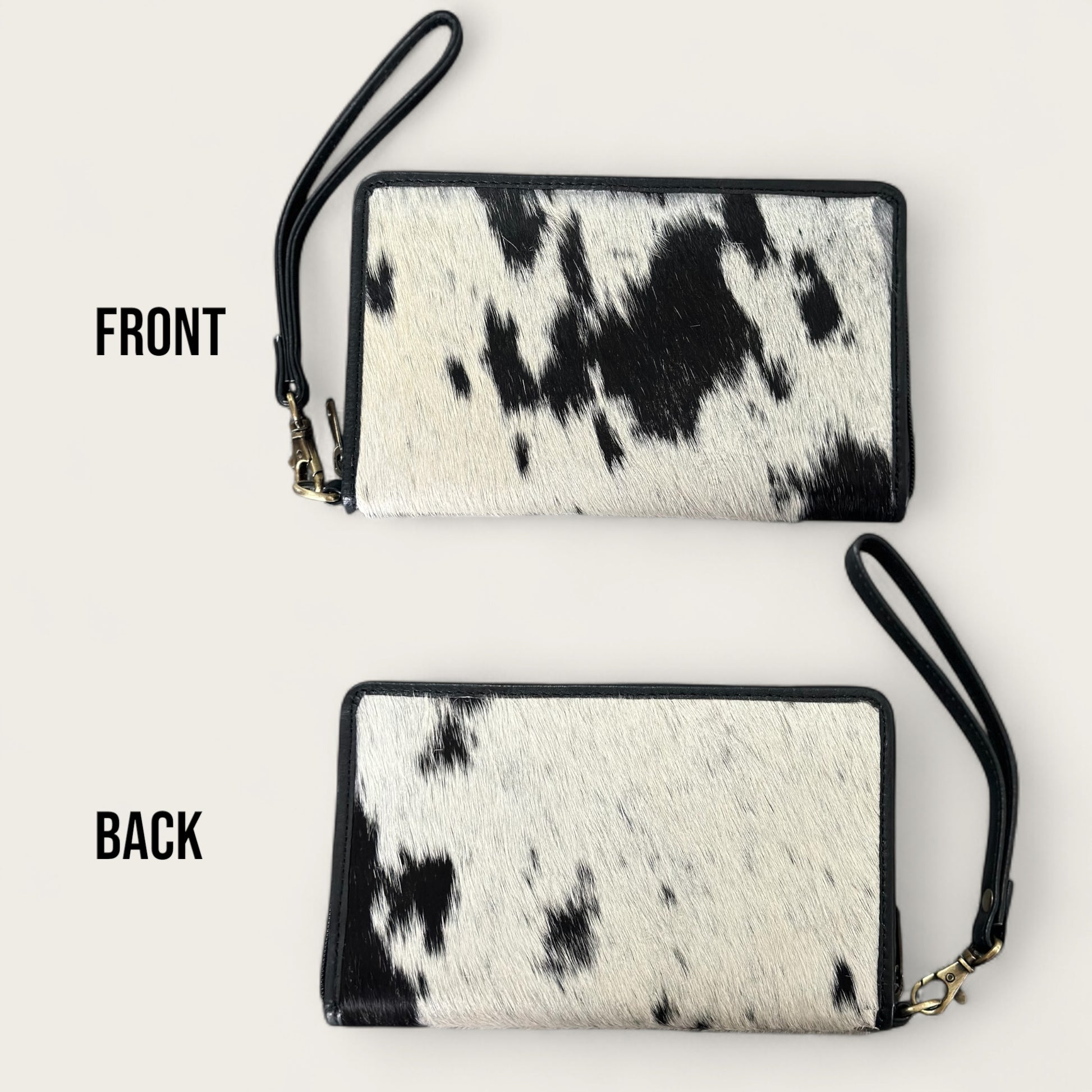 Large Black and White Cowhide and Leather Wallet with detachable hand strap