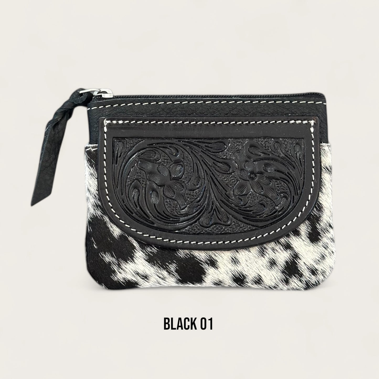 Black and White Cowhide Zip Purse with Tooling Details
