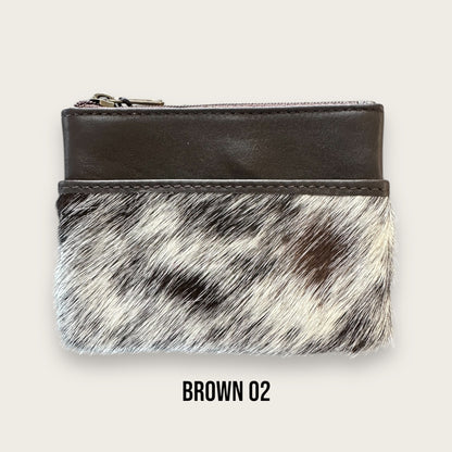 Brown and White Cowhide and Leather Purse