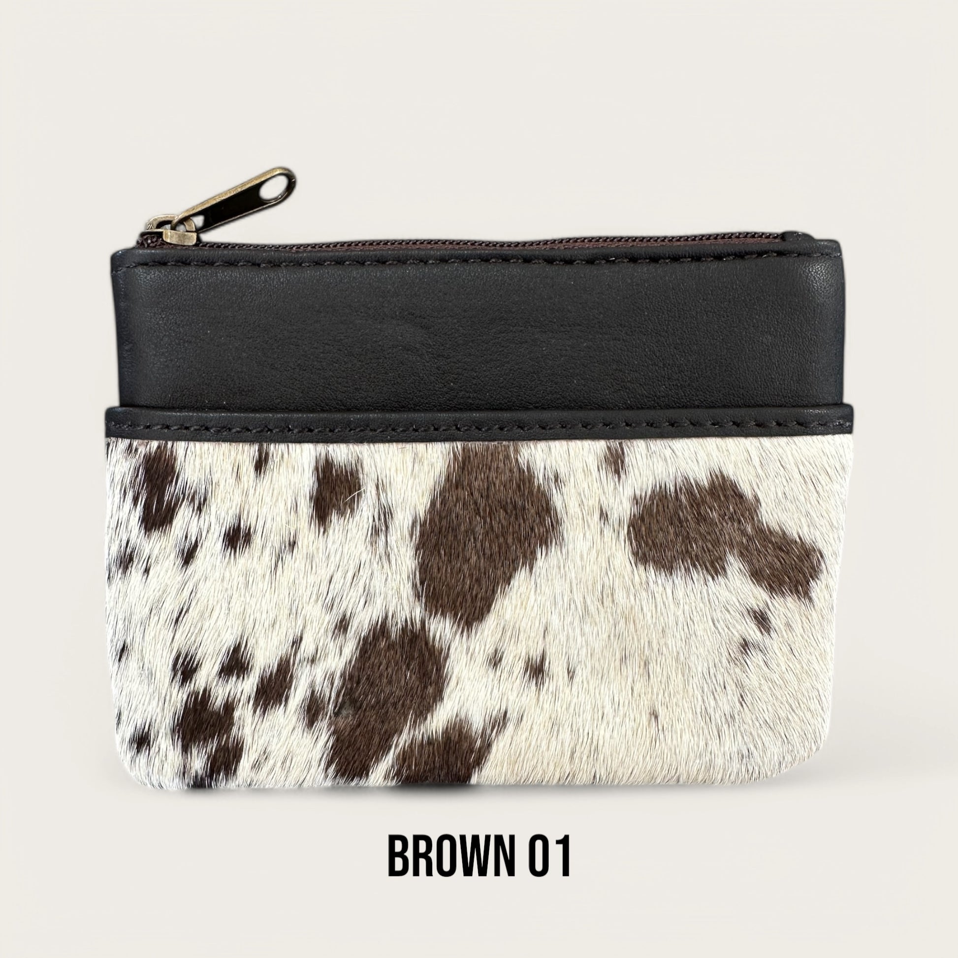 Brown and White Cowhide and Leather Purse
