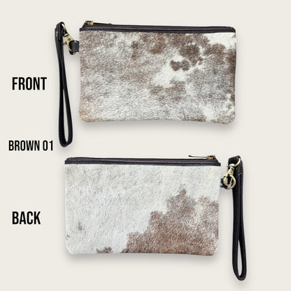 Brown and White Cowhide Clutch