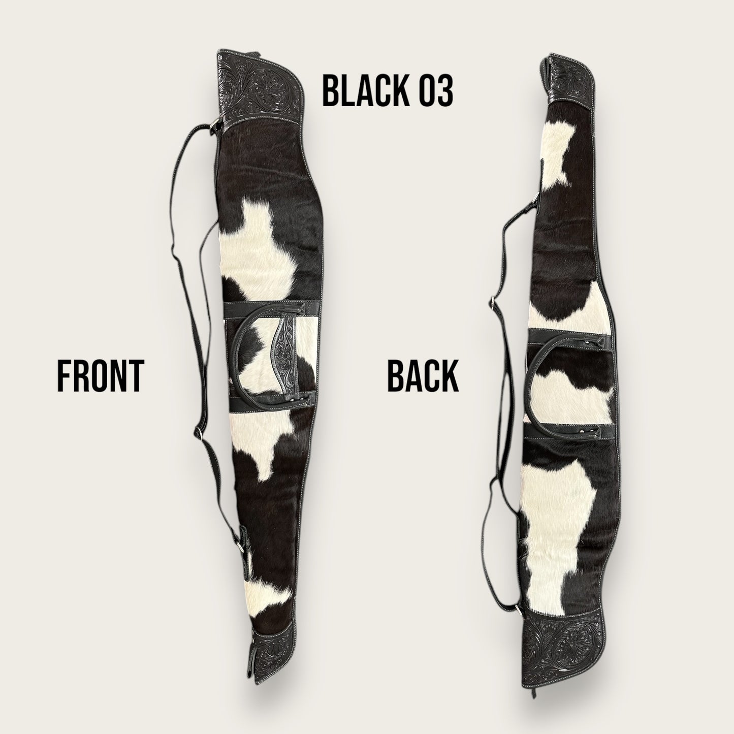 Cowhide and Leather Rifle Bag with Tooling Details in Black and White