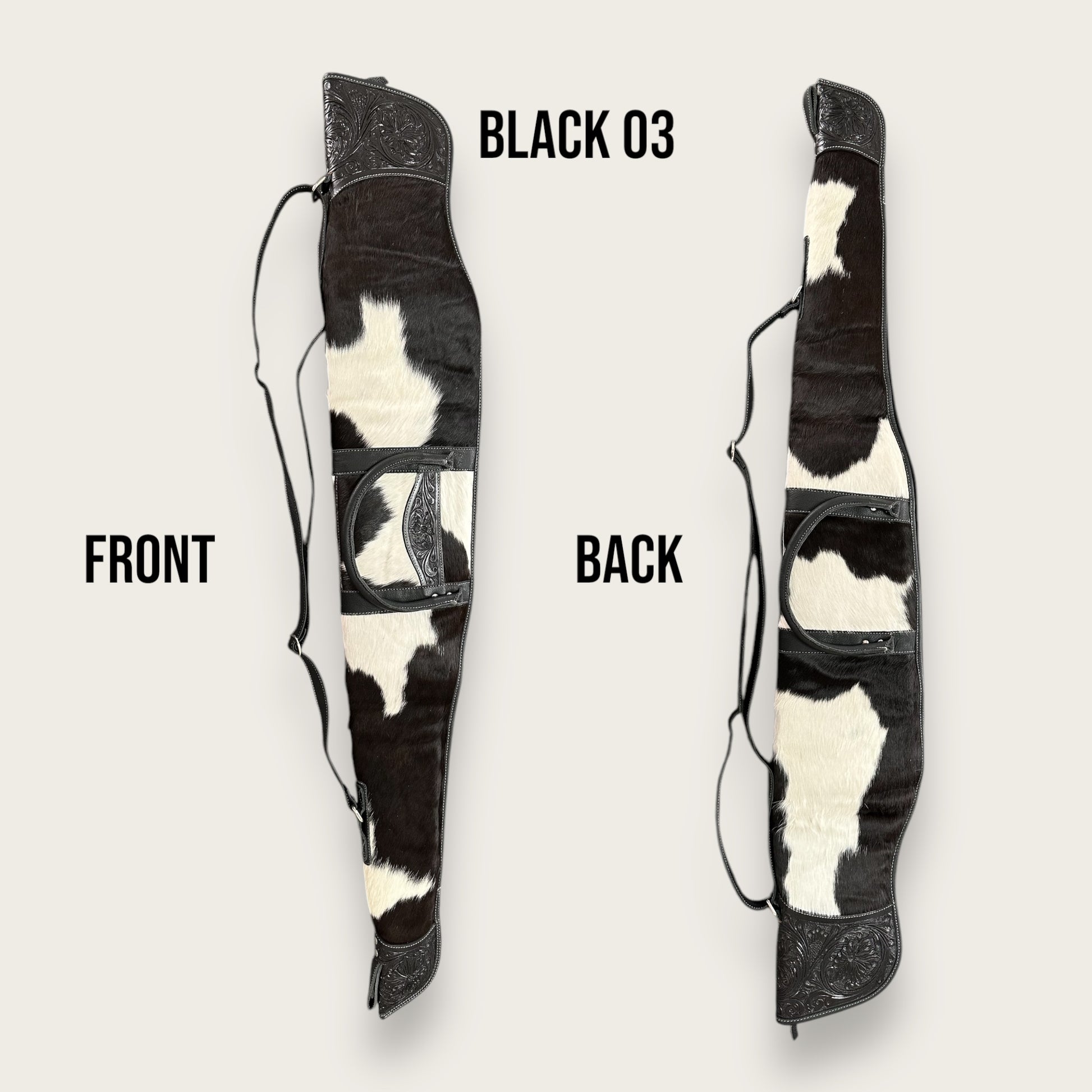 Cowhide and Leather Rifle Bag with Tooling Details in Black and White