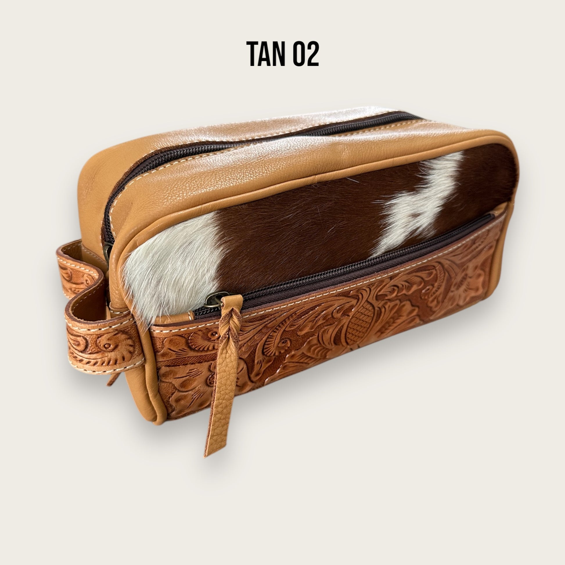 Tan and White Cowhide and Leather Toiletry Bag with Tooling Details
