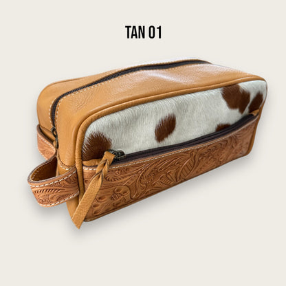Tan and White Cowhide and Leather Toiletry Bag with Tooling Details