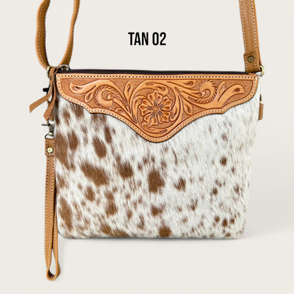 Tan and White Cowhide and Leather Bag with Tooling Details