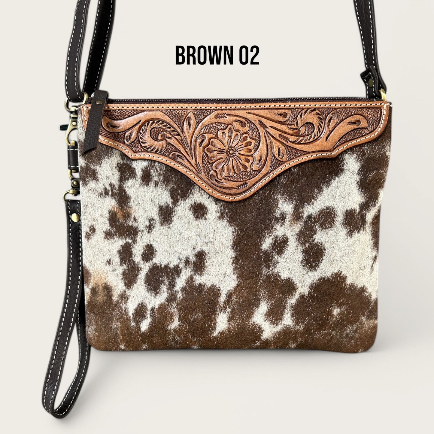 Brown and White Cowhide and Leather Back with Tooling Details