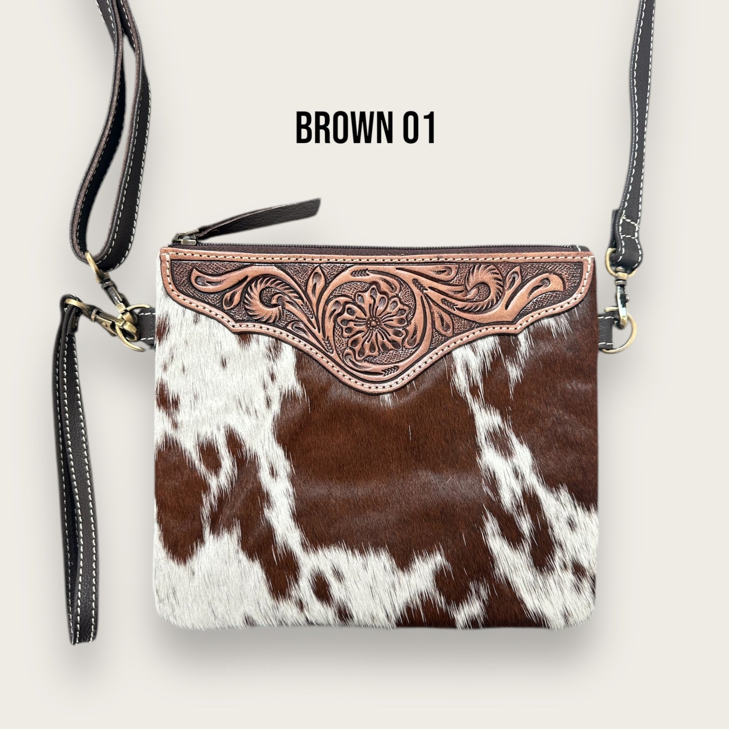 Brown and White Cowhide and Leather Back with Tooling Details
