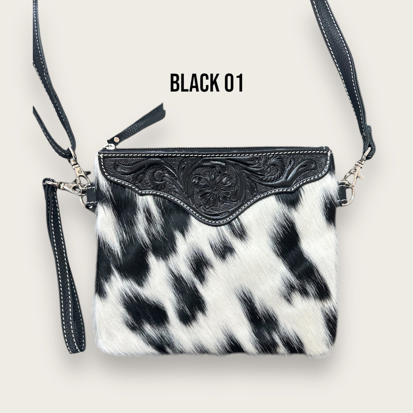 Black and White Cowhide and Leather Bag with Tooling Details 