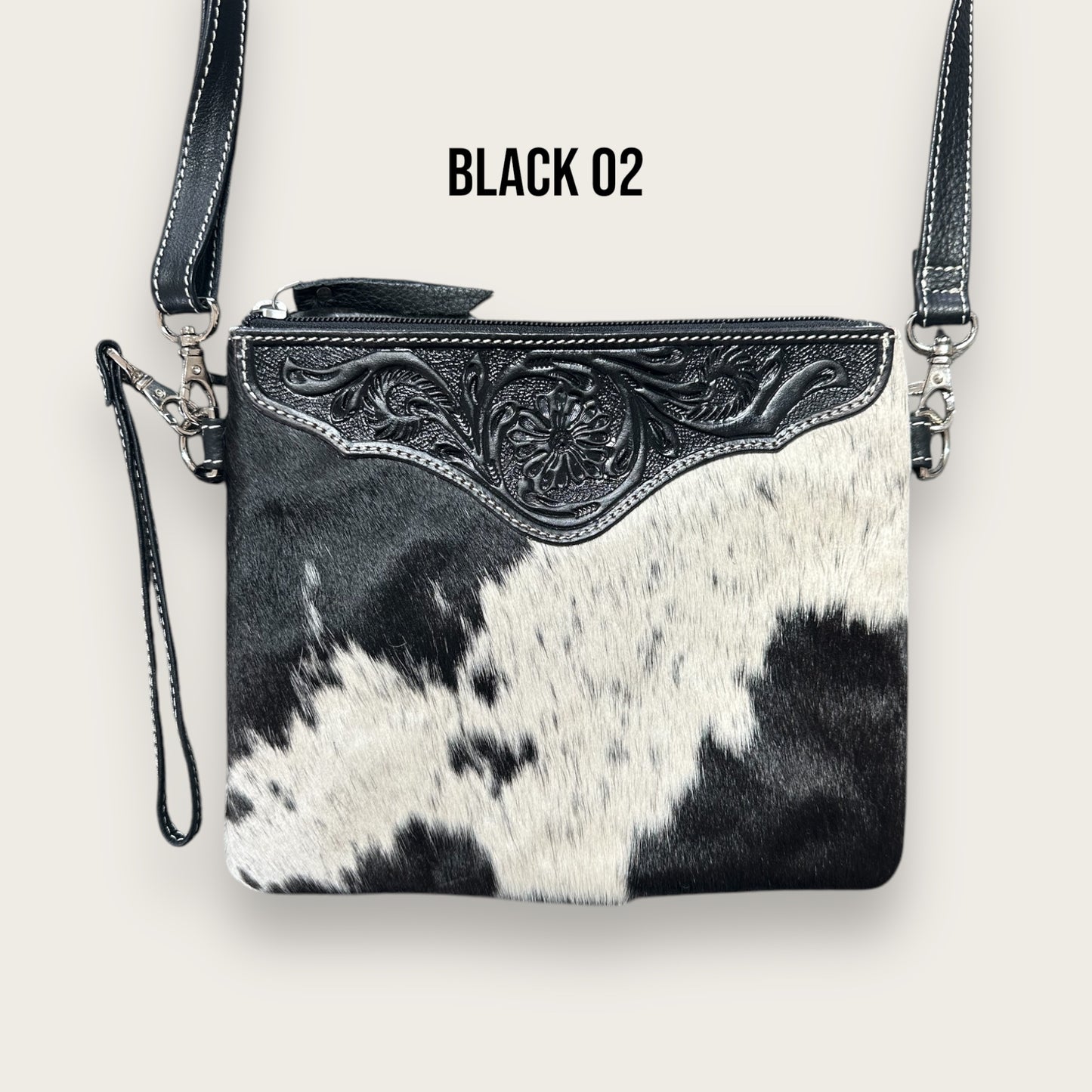 Black and White Cowhide and Leather Bag with Tooling Details 
